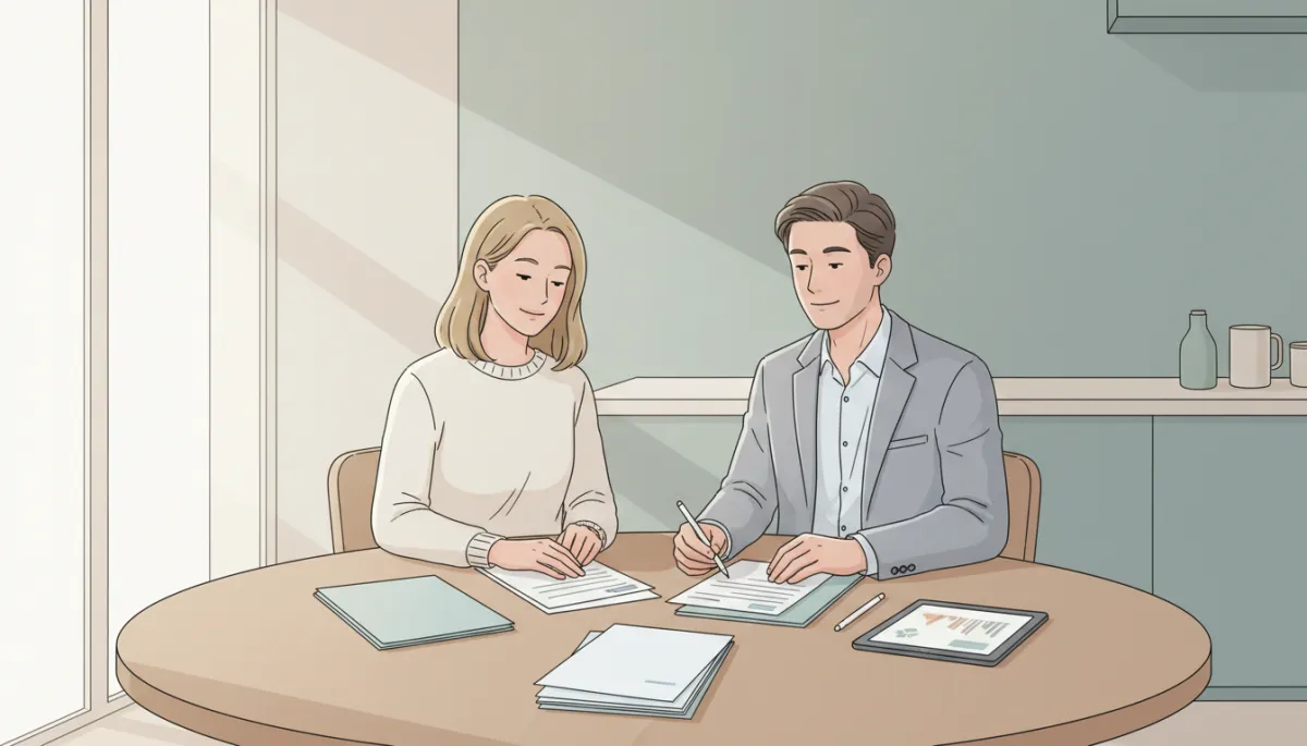 Homeowner reviewing real estate options with a professional at the kitchen table Homeowner reviewing real estate options with a professional at the kitchen table