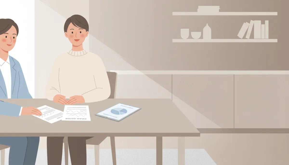 Homeowner reviewing a simple cash offer with a home-buying professional