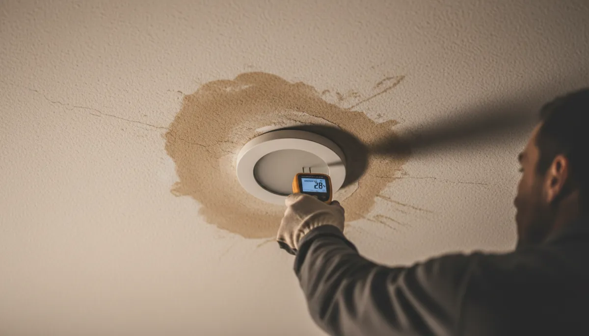Contractor inspecting a ceiling water stain with a moisture meter