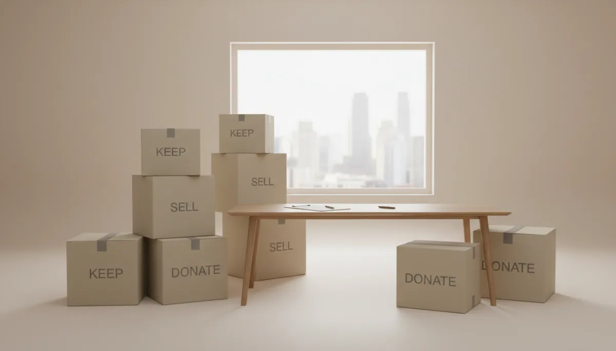 Professional neutral dining room with labeled boxes for sorting belongings