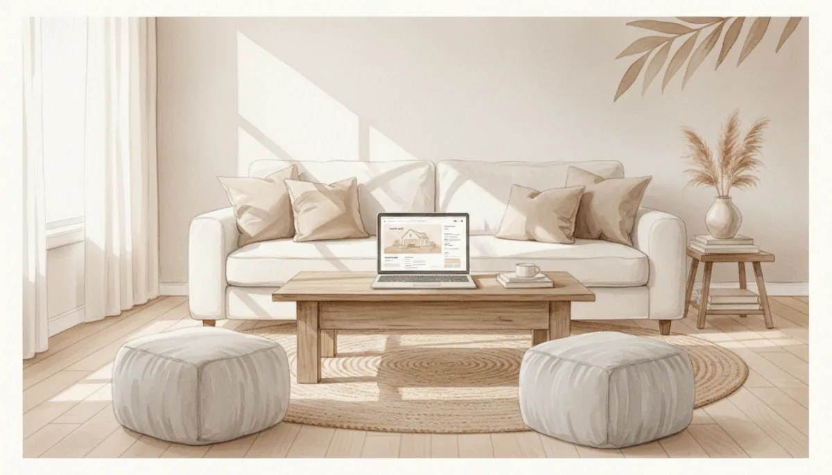 Staged living room with a real estate listing displayed on a laptop Staged living room with a real estate listing displayed on a laptop