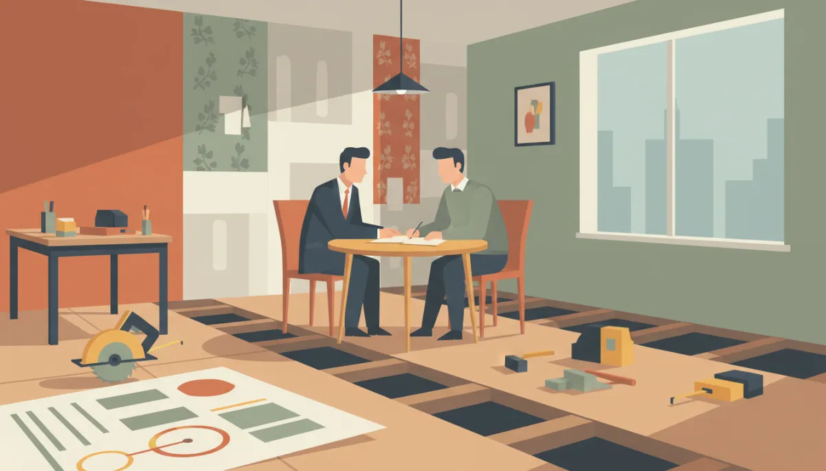 Homeowner and investor reviewing renovation estimates in a distressed living room