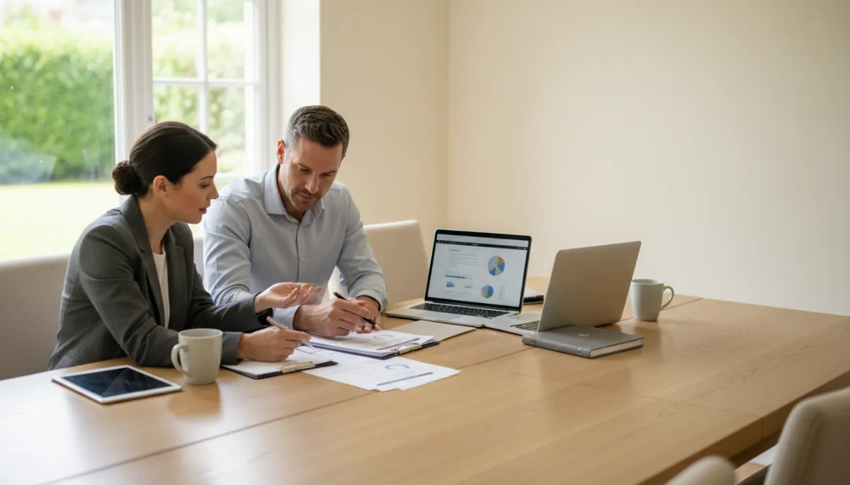 Homeowner reviewing inspection report and roof estimates with a real estate professional Homeowner reviewing inspection report and roof estimates with a real estate professional