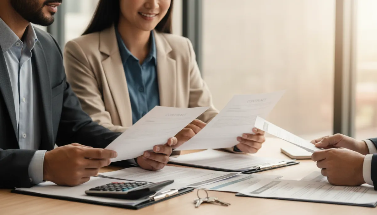 Couple and real estate professional reviewing documents for a divorce house sale Couple and real estate professional reviewing documents for a divorce house sale