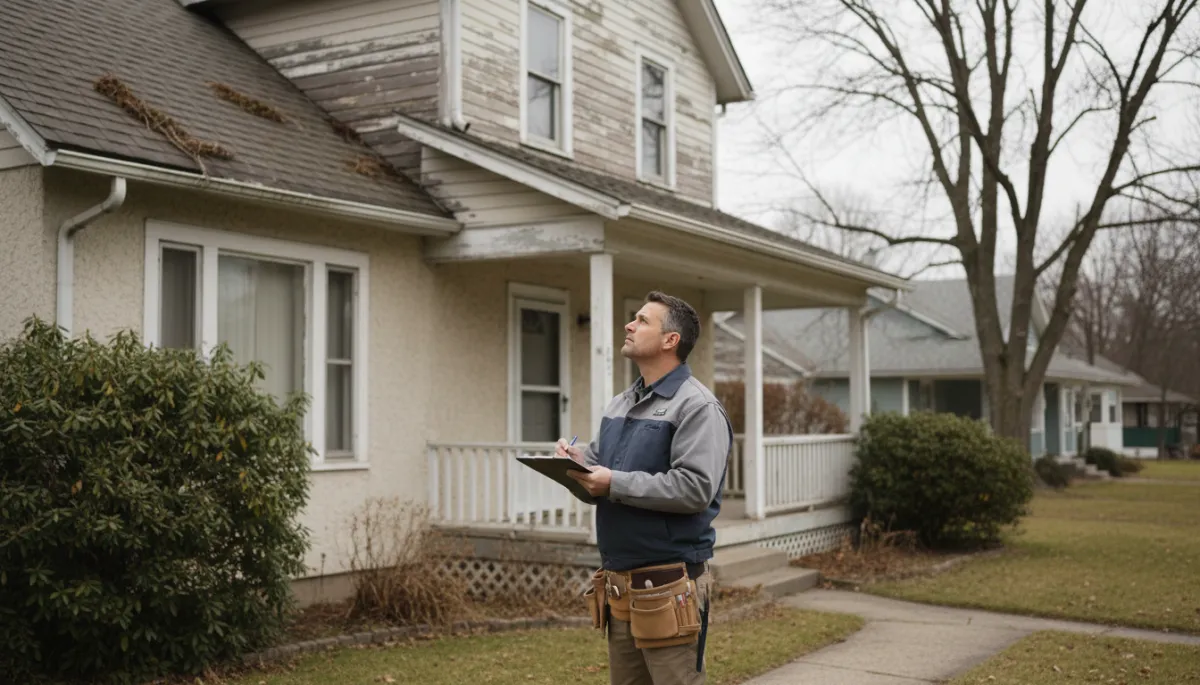 Handyman inspecting exterior of an older rental home for maintenance issues Handyman inspecting exterior of an older rental home for maintenance issues