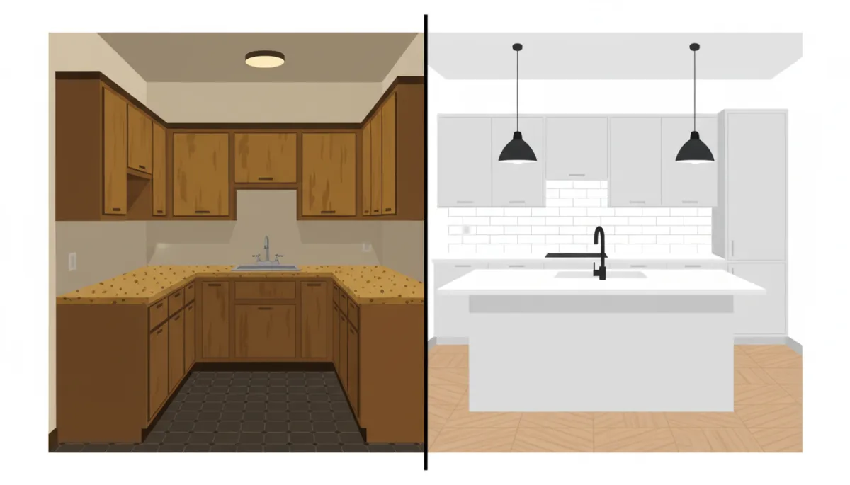 Side-by-side comparison of an outdated kitchen and a fully renovated modern kitchen