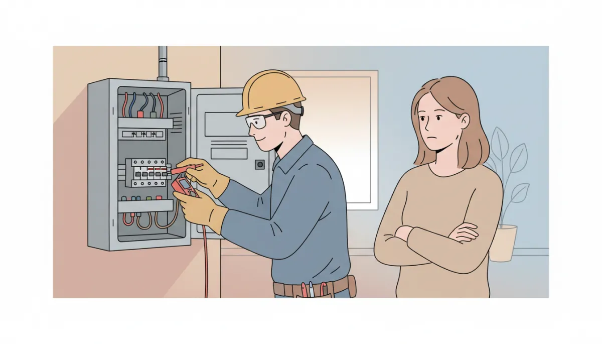 Electrician inspecting an old electrical panel in an Oklahoma house