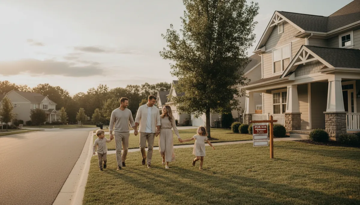 Family walking toward a potential new home during a house hunt Family walking toward a potential new home during a house hunt