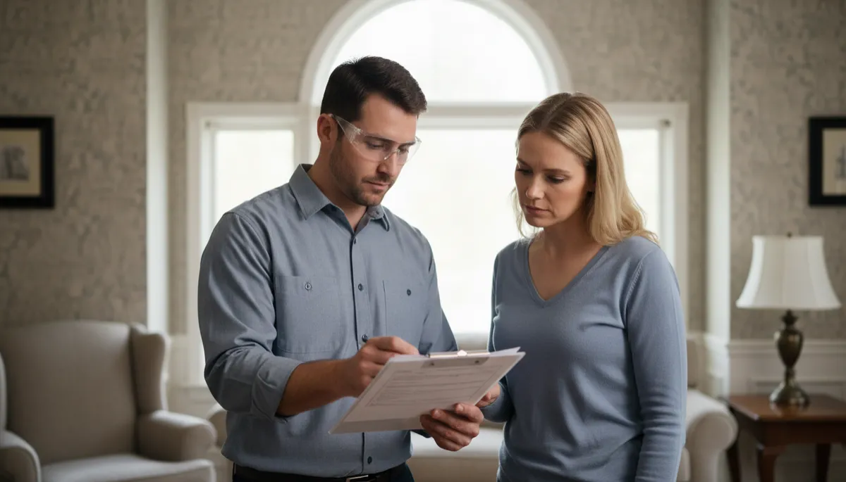 Homeowner reviewing repair options with a contractor Homeowner reviewing repair options with a contractor