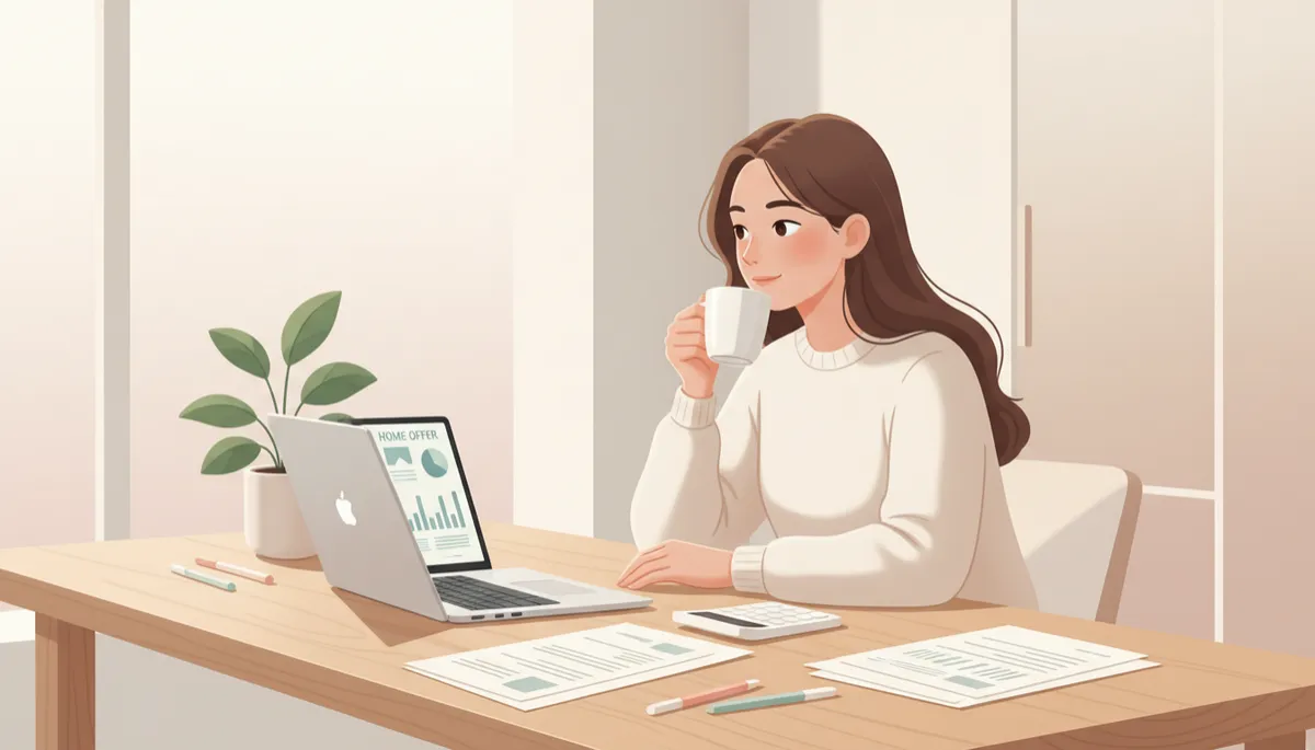 Homeowner reviewing home sale options and paperwork at kitchen table Homeowner reviewing home sale options and paperwork at kitchen table