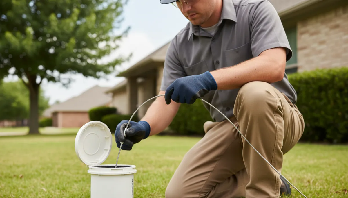 Plumber inspecting a damaged sewer line at an Oklahoma home