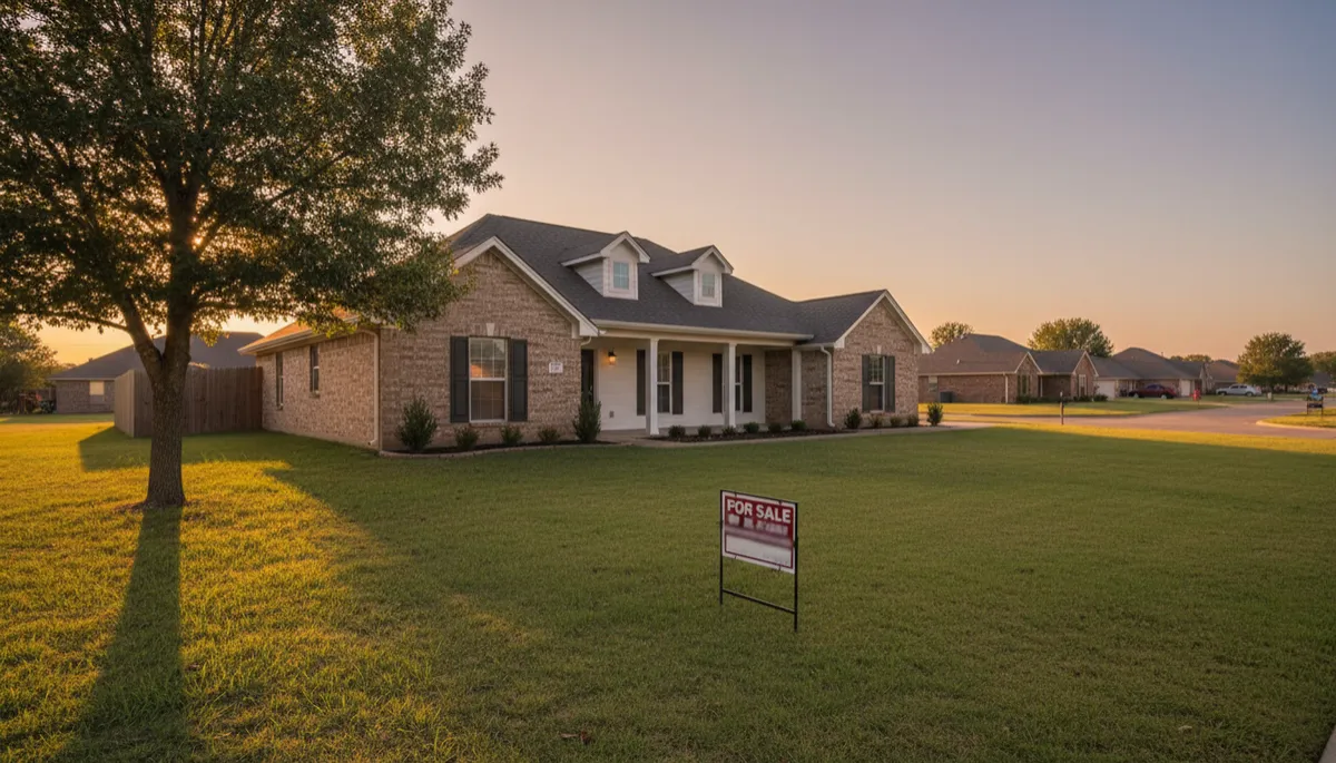 Single-story Oklahoma home with a For Sale sign in the yard