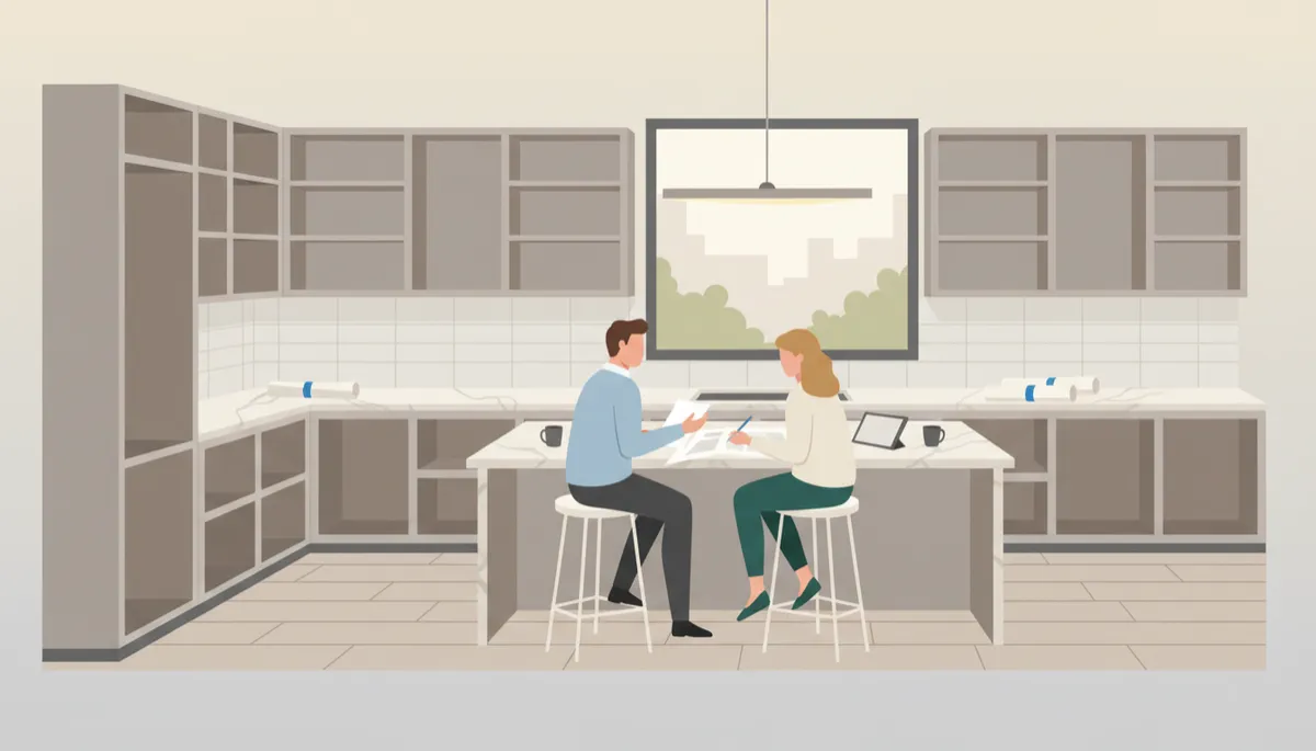 Homeowner reviewing sale paperwork for a partially renovated kitchen with a buyer