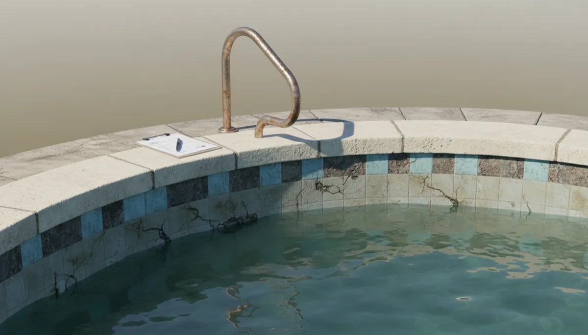 Close-up of worn pool surface and inspection notes