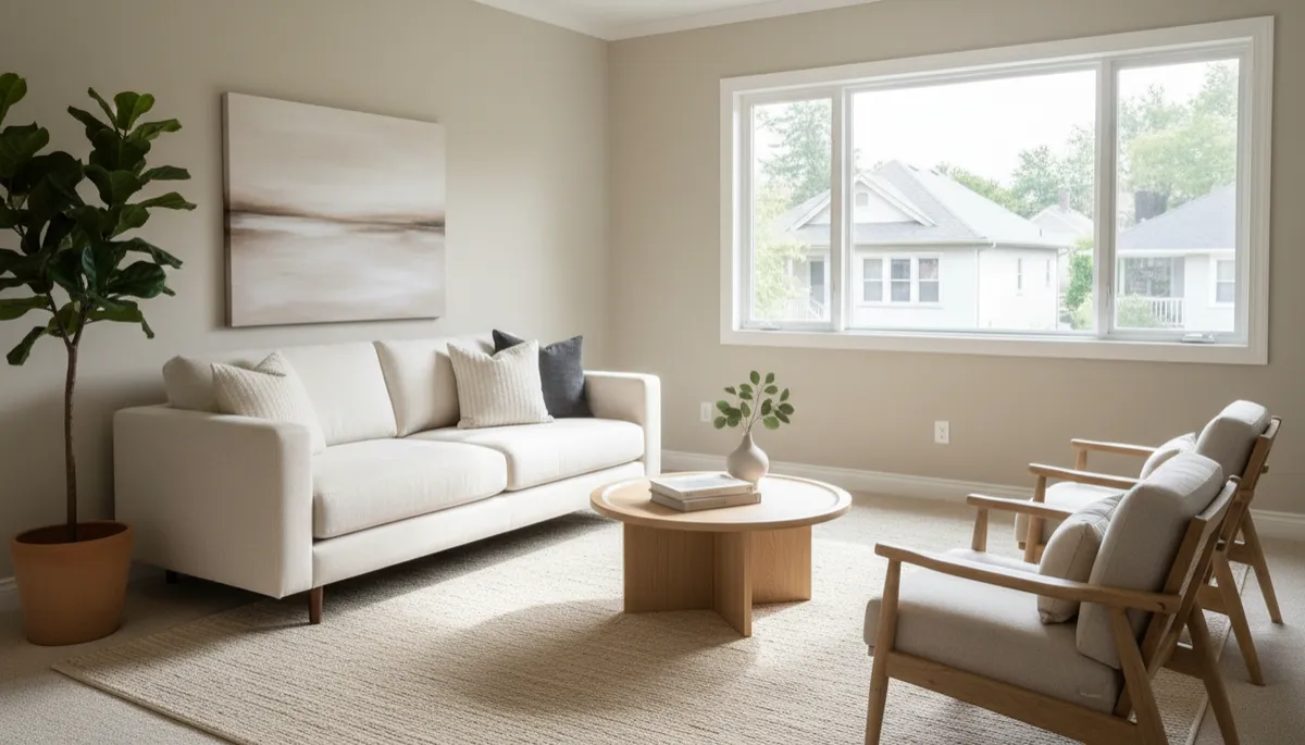 Staged living room designed to attract buyers despite neighborhood changes
