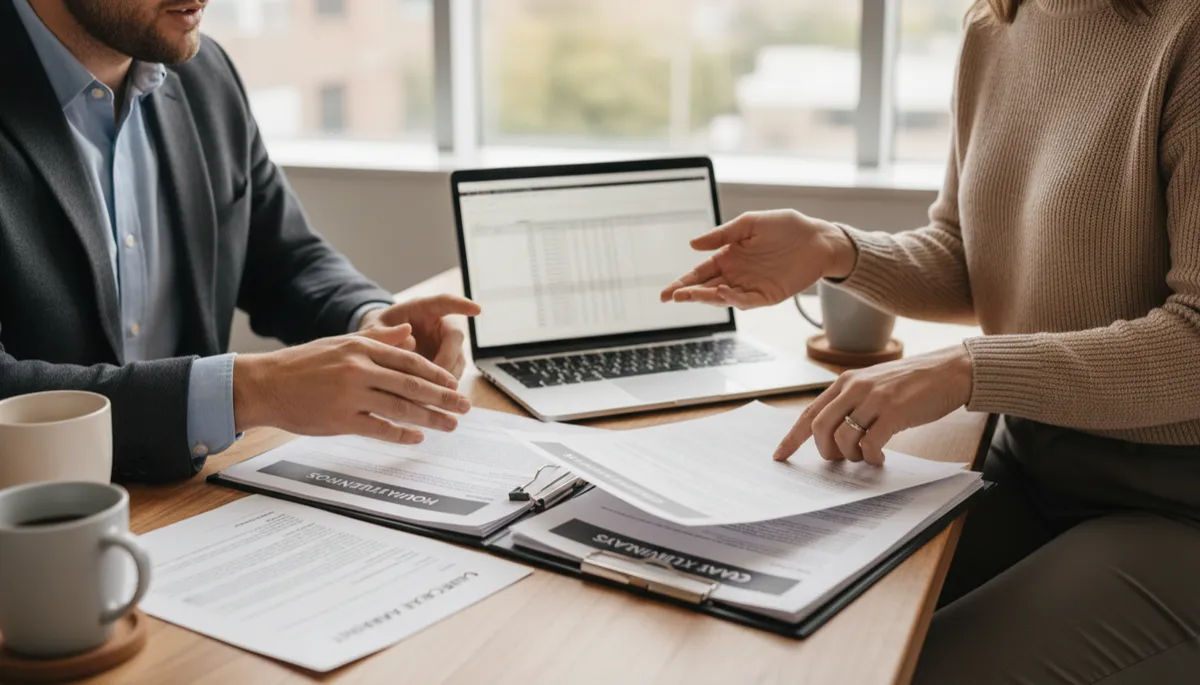 Seller and real estate agent reviewing HOA documents together