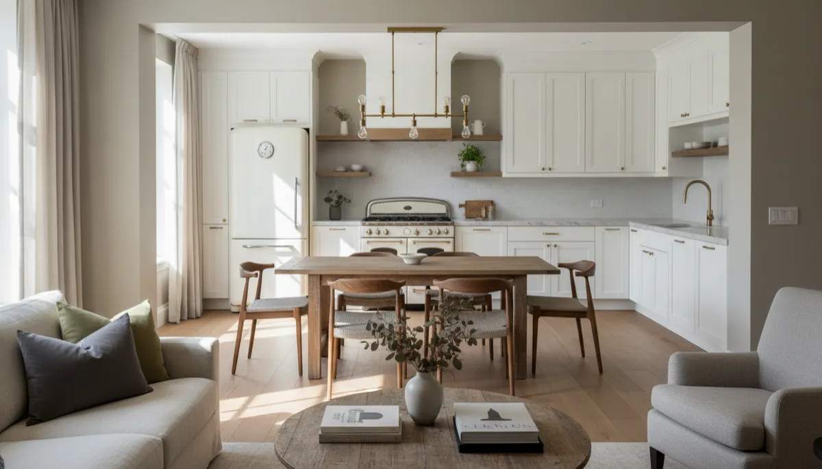 Staged home interior showing a clean space with older appliances