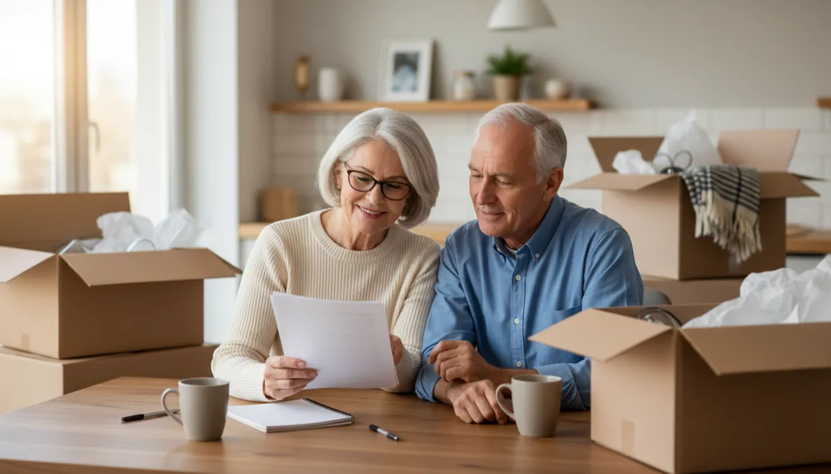 Homeowners feeling relieved while handling simple paperwork despite visible clutter in the background
