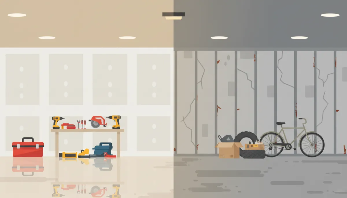 Partially renovated garage showing contrast between old and updated areas