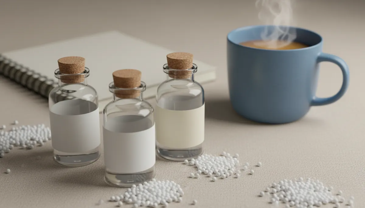 Homeopathic remedy bottles and pellets arranged in a calm neutral setting Homeopathic remedy bottles and pellets arranged in a calm neutral setting