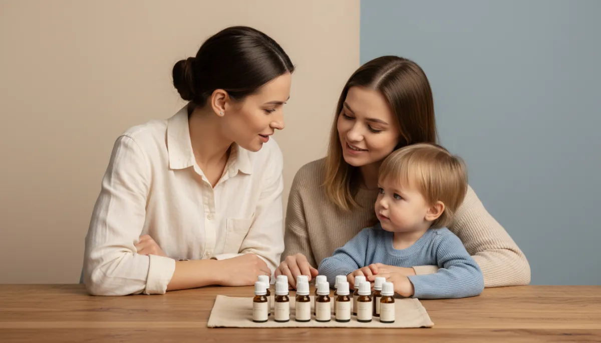 Homeopath talking with a mother and child during a gentle consultation