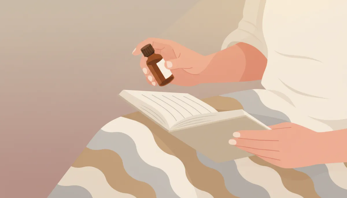 Woman gently holding a homeopathic remedy bottle and notebook in a calm setting