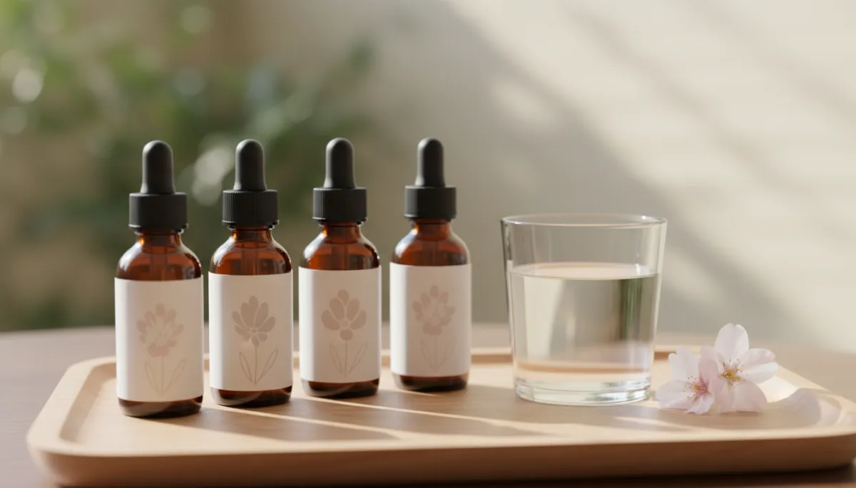 A serene, photorealistic scene featuring a close-up of several Bach Flower Essence bottles with sleek black caps, arranged neatly on a smooth wooden tray. Next to the bottles, place a clear glass of water and a delicate, fresh flower—such as a white daisy or pale pink blossom—resting gently on the tray. The composition is bathed in soft, natural daylight coming from the side, creating a calming, gentle atmosphere. The background is softly blurred, evoking a peaceful, nurturing environment ideal for emotional support, with a subtle hint of greenery to emphasize natural wellness. The overall aesthetic is clean, professional, and soothing, perfectly aligned with a wellness blog.