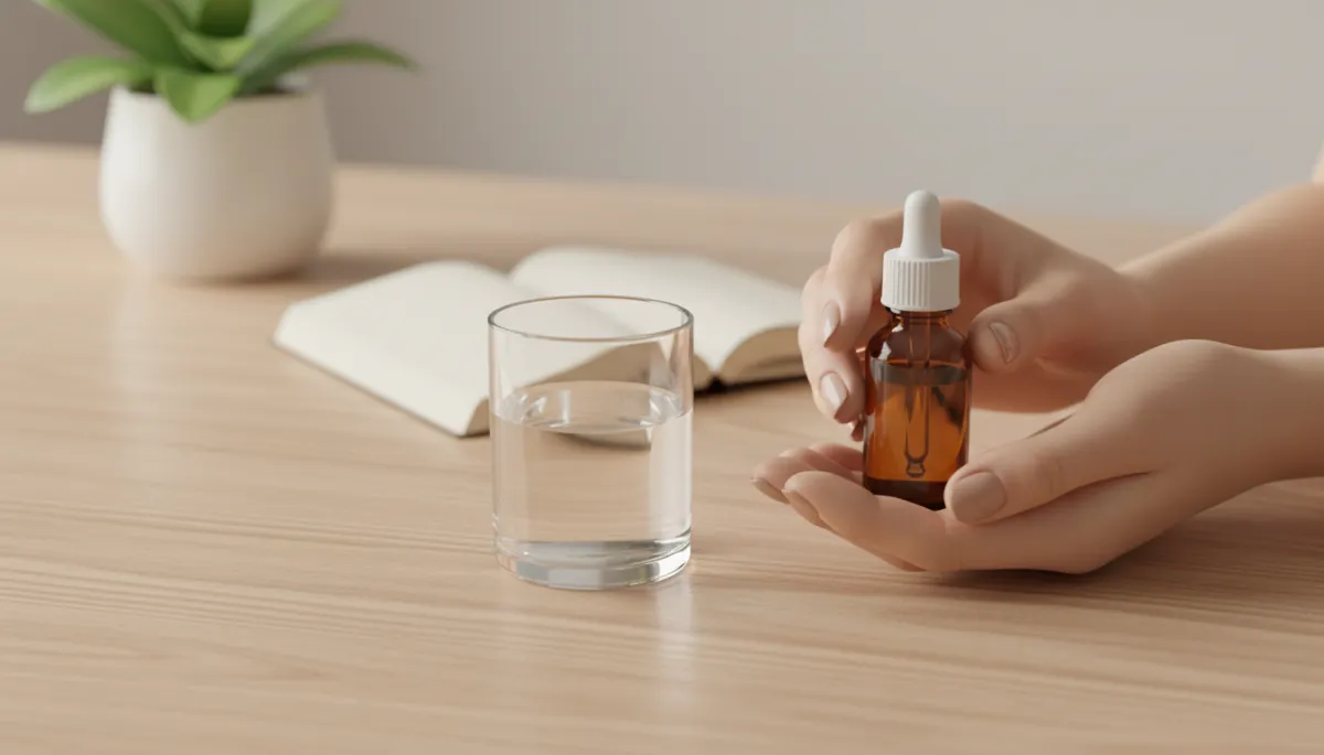 Hands holding a small homeopathic remedy bottle beside a glass of water