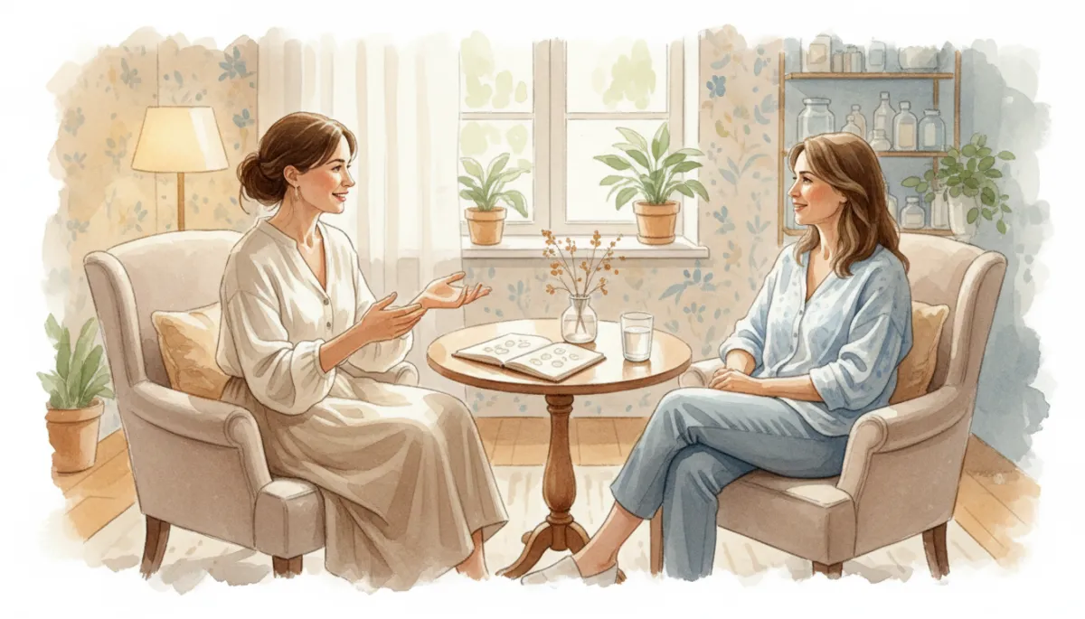Woman in perimenopause speaking with a compassionate homeopath in a calm consultation room