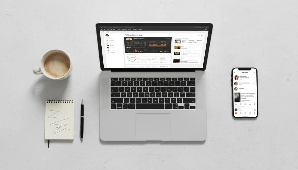 Flat lay of tools used by an individual affiliate marketer in a neutral-toned setting Flat lay of tools used by an individual affiliate marketer in a neutral-toned setting