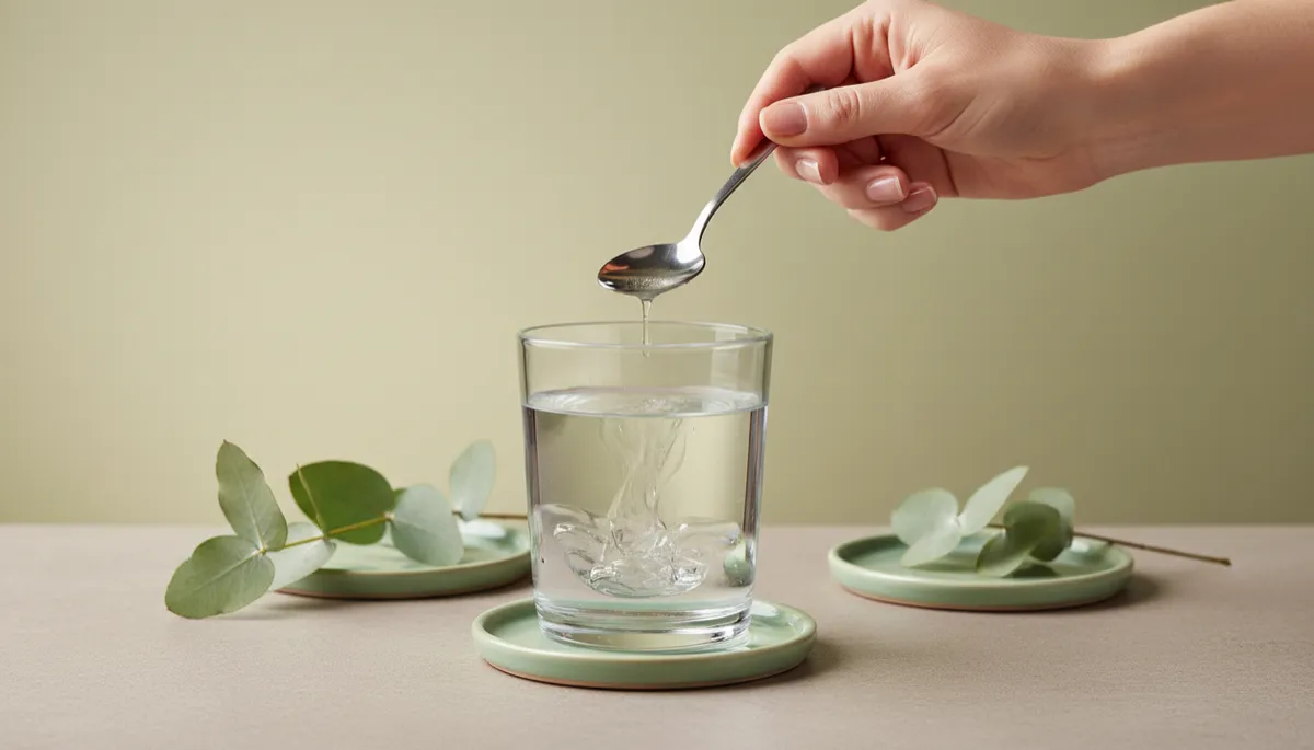 Hand stirring Sole Water concentrate into a glass of water in a modern clean setting