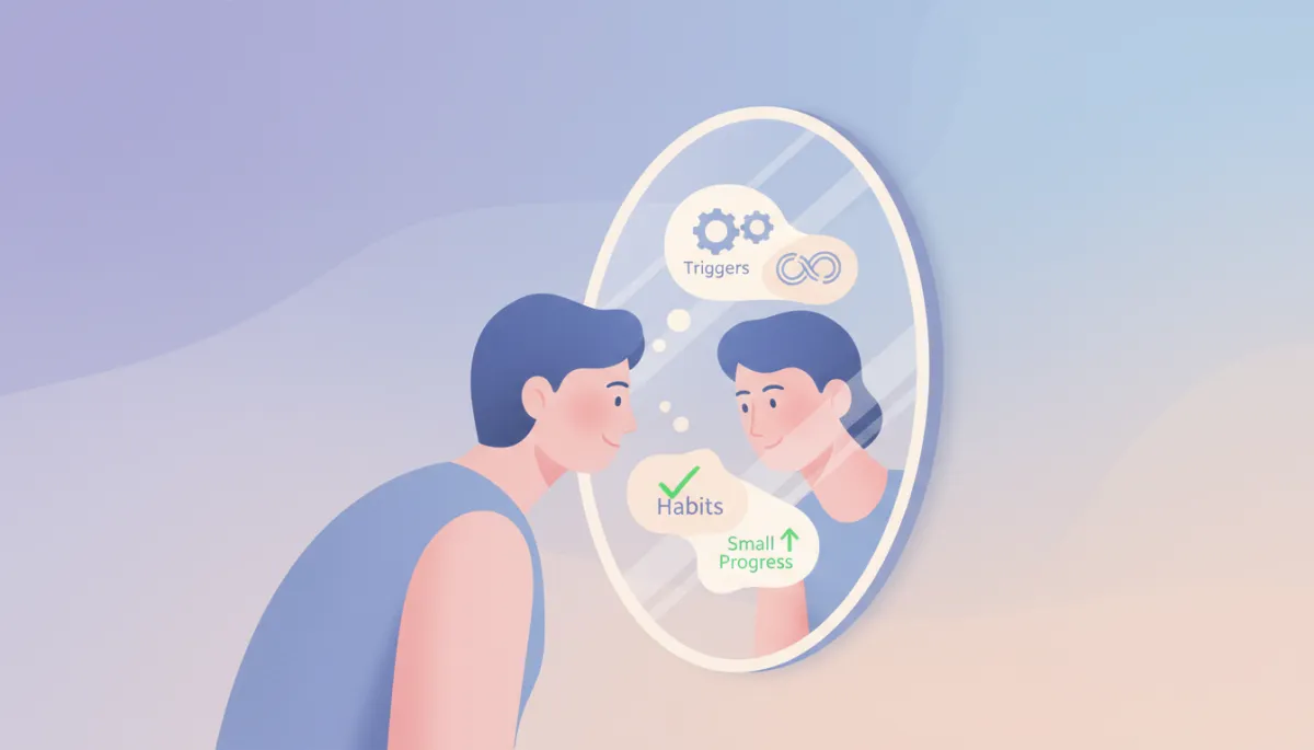 Person reflecting on their habits and triggers with gentle visuals Person reflecting on their habits and triggers with gentle visuals