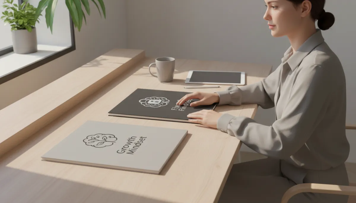 Professional neutral-toned photo comparing growth and fixed mindset notes on a desk