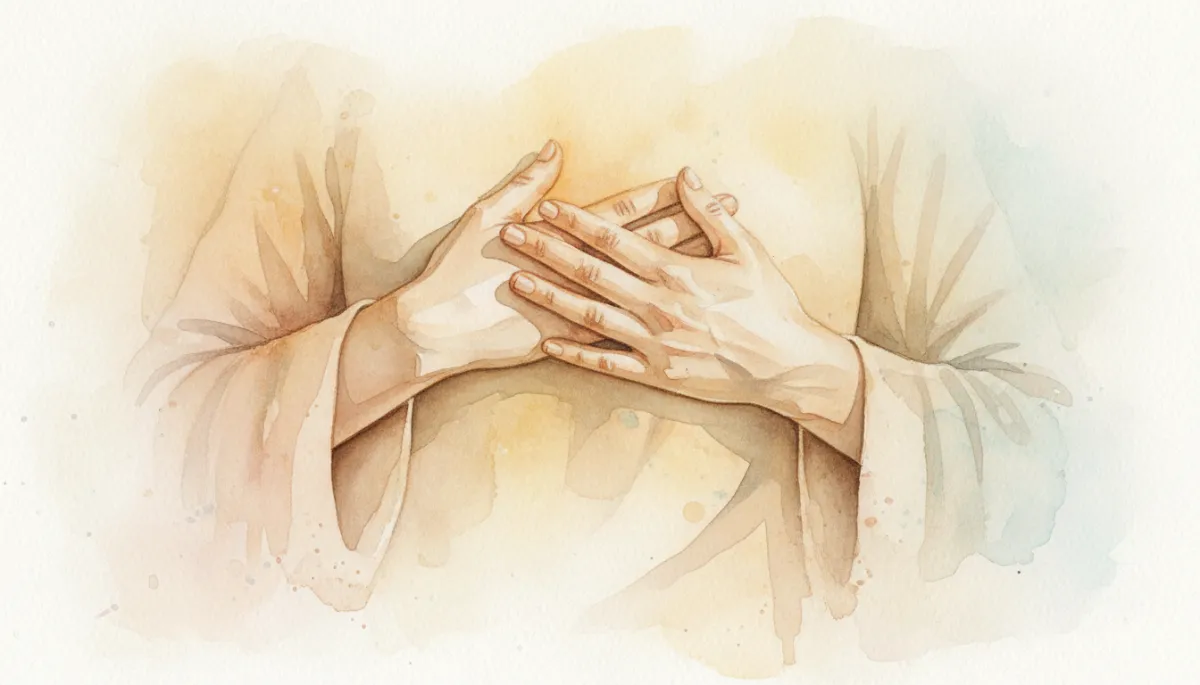 Hands resting gently over the heart in a quiet meditation posture Hands resting gently over the heart in a quiet meditation posture