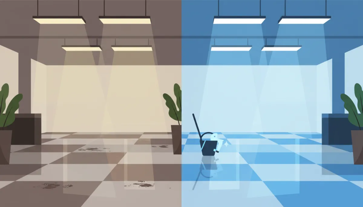 Comparación de piso corporativo antes y después de limpieza profunda en Guadalajara