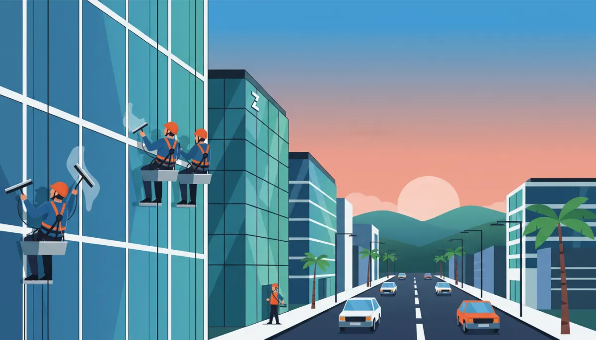 Equipo de limpieza profesional atendiendo cristales de edificio corporativo en Zapopan