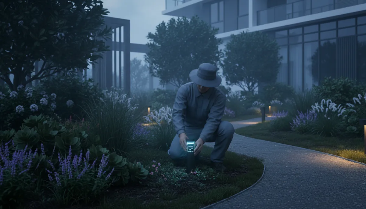 Jardinero ajustando un sistema de riego inteligente en un jardín de condominio