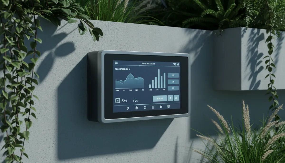 Controlador de riego inteligente mostrando datos de humedad y programación