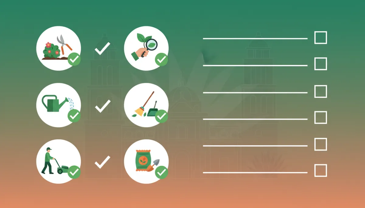Create and include a visual checklist graphic for maintenance tasks to enhance engagement and usability.. Context: This is for a blog post about "Checklist de Mantenimiento para Grandes Jardines Institucionales en Guadalajara 2026". Style: Professional quality, photorealistic, high resolution
