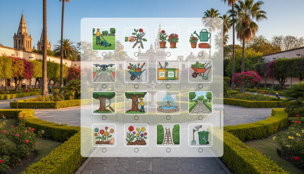 Create and include a visual checklist graphic for maintenance tasks to enhance engagement and usability.. Context: This is for a blog post about "Checklist de Mantenimiento para Grandes Jardines Institucionales en Guadalajara 2026". Style: Professional quality, photorealistic, high resolution