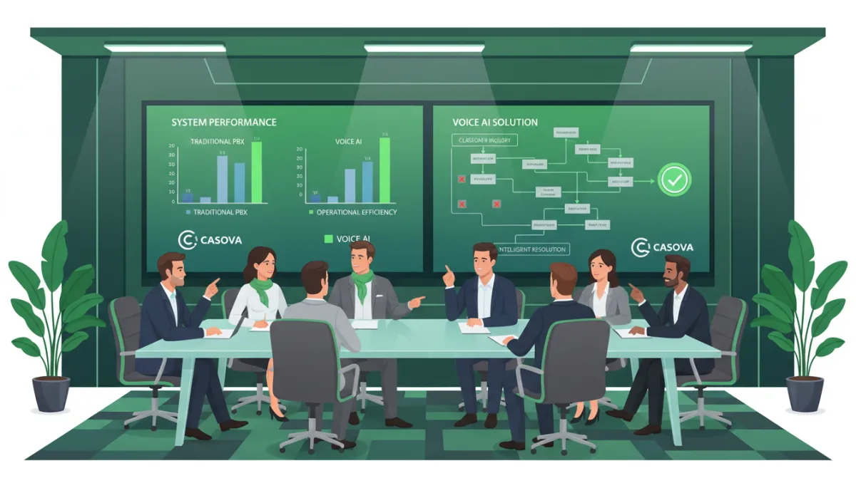 En fotorealistisk, högkvalitativ bild av ett modernt mötesrum där ett mångsidigt team av professionella analyserar KPI:er och diskuterar röst-AI-flödesscheman på digitala skärmar. Miljön domineras av en sofistikerad grön färgpalett, med gröna accenter i belysning, möbler och grafiska element på skärmarna. De digitala displayerna visar tydligt visualiseringar som jämför traditionella PBX-telefonsystem med avancerade röst-AI-lösningar, med Casova-branding. Den övergripande känslan är professionell, innovativ och framåtlutad och förstärker visuellt temat om att AI-teknik potentiellt kan ersätta klassiska PBX-system.