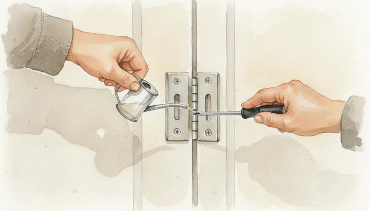 Person lubricating and tightening interior door hardware