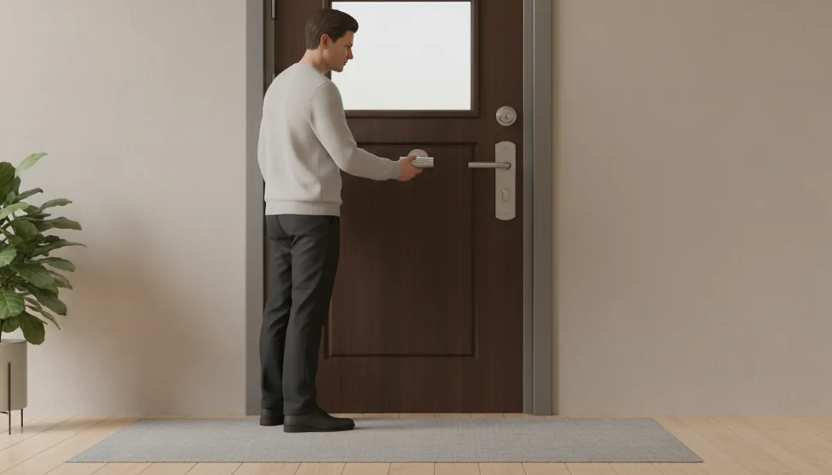 Homeowner inspecting a strong lock on a secure back door