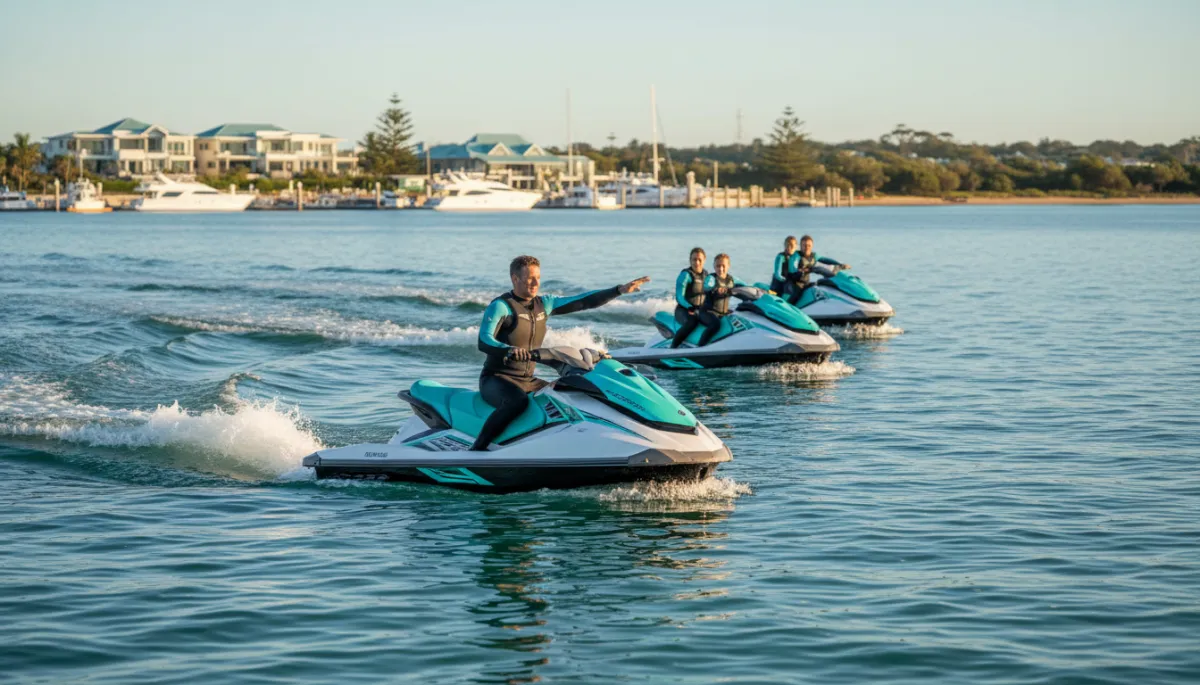 Jet ski guide leading riders through calm Mandurah waterways Jet ski guide leading riders through calm Mandurah waterways