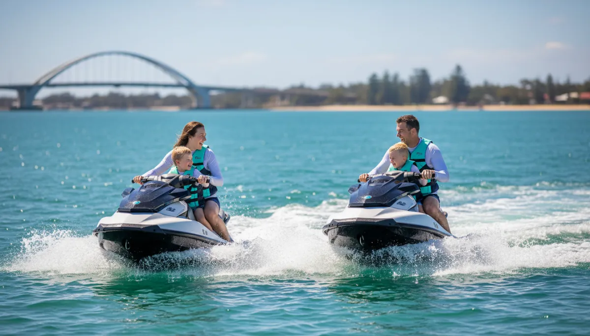 Family riding jet skis together and enjoying a Mandurah adventure Family riding jet skis together and enjoying a Mandurah adventure