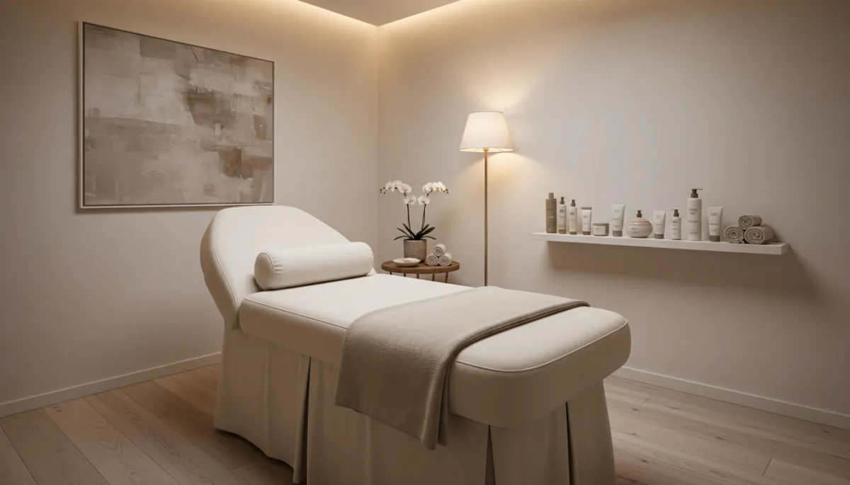 Professional medical spa treatment room with neutral, calming decor