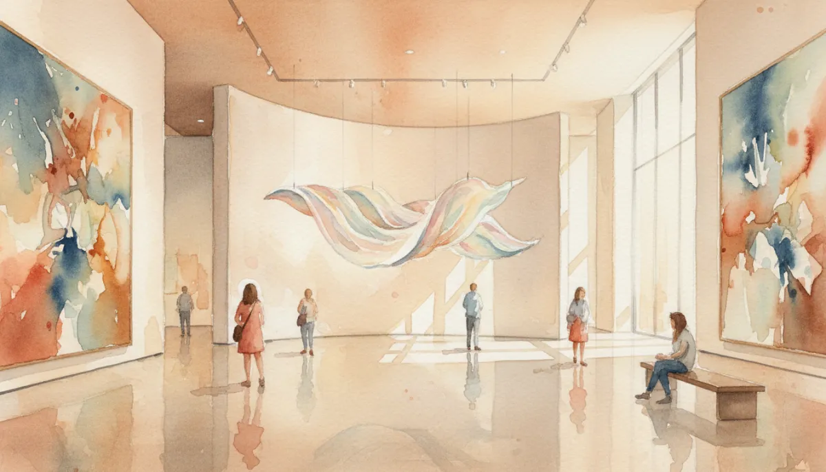 Visitors exploring a modern art museum gallery in Downtown Austin Visitors exploring a modern art museum gallery in Downtown Austin