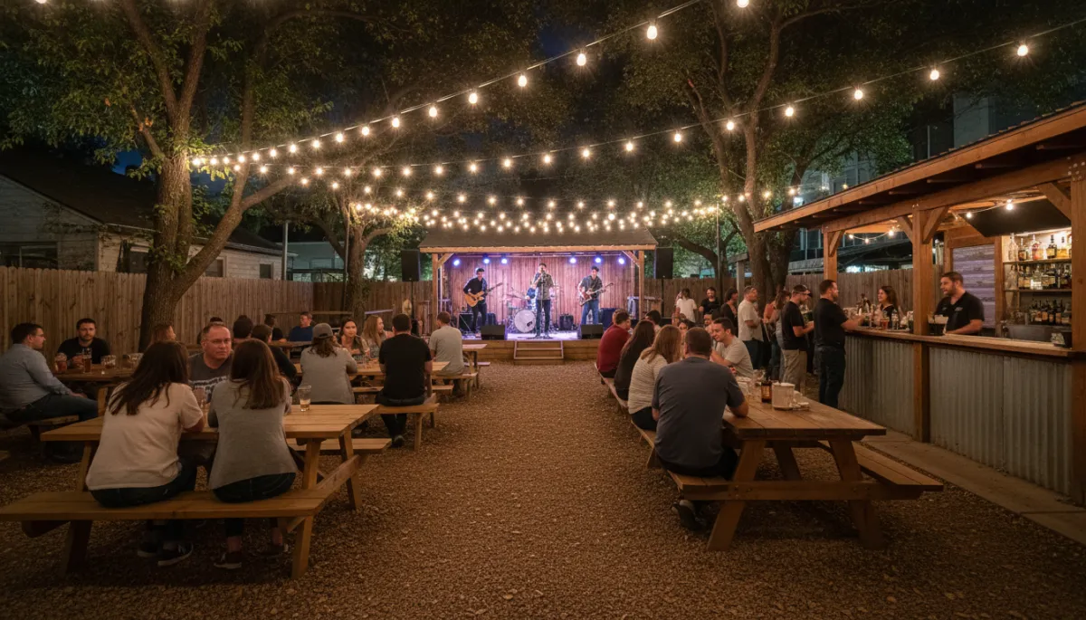 Backyard bar on Rainey Street with a band playing under string lights Backyard bar on Rainey Street with a band playing under string lights
