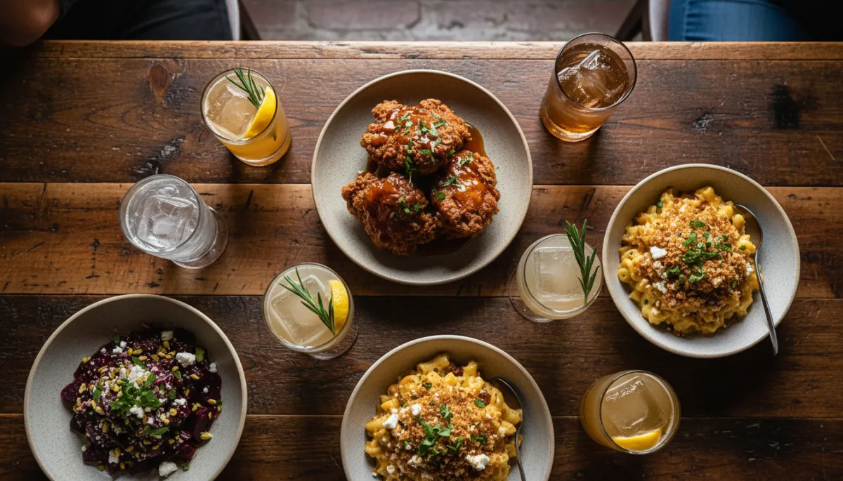 Professional close-up of shared plates and cocktails at a Holly neighborhood Austin restaurant Professional close-up of shared plates and cocktails at a Holly neighborhood Austin restaurant