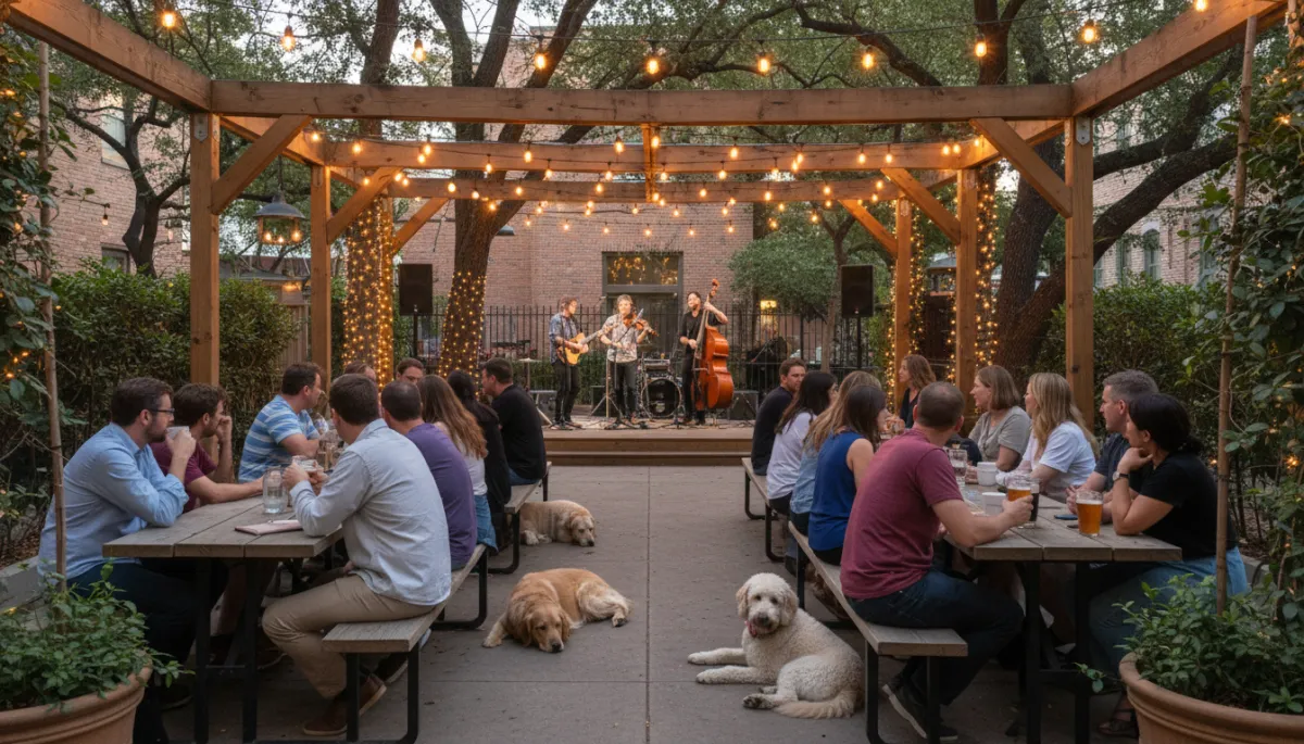 People relaxing on an Austin coffeehouse patio with drinks and live music under string lights People relaxing on an Austin coffeehouse patio with drinks and live music under string lights